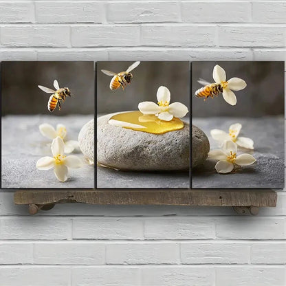 3pcs Bees on Osmanthus Painting Metal Print Ready to Hang Art - Bella Home Decor