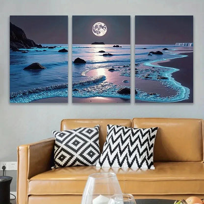 3pcs Moonlit Beach Scene With Glowing Waves Wall Art Set Canvas Framed 50x70cm - High Quality Print 100% Australian Made Wall Canvas Ready to Hang