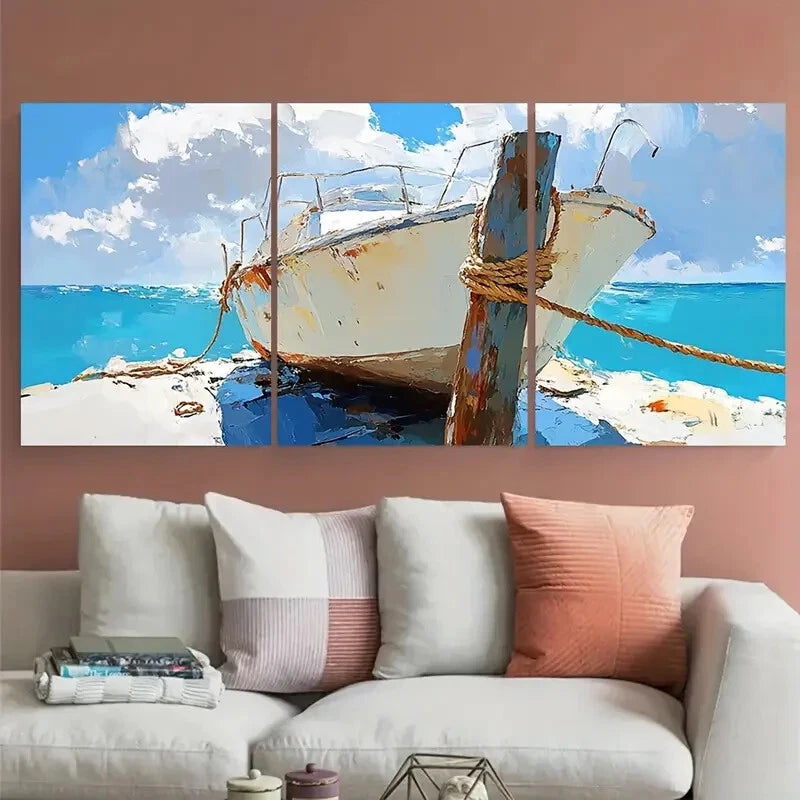 3pcs Old Boat Tied to the Pier Post Impressionist Metal Print Ready to Hang Art