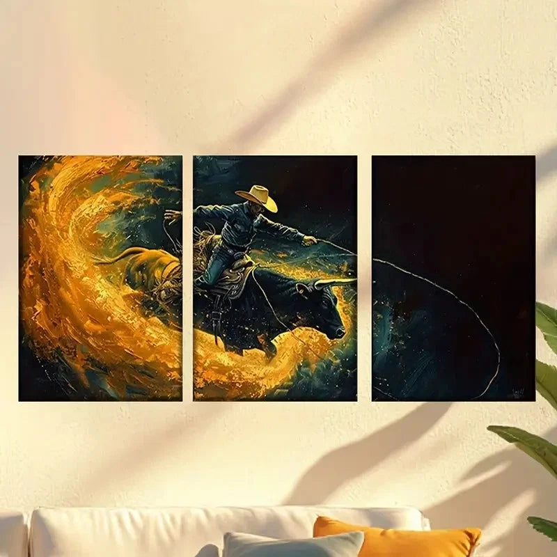 3pcs Cowboy Riding Horse Wall Art Set Canvas Framed 50x70cm - High Quality Print 100% Australian Made Wall Canvas Ready to Hang - Bella Home Decor