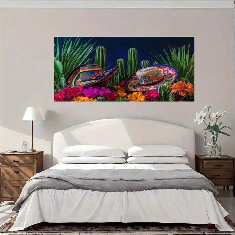 Vibrant Mexican Sombrero Wall Art Canvas Office Home Room Framed 120x60cm