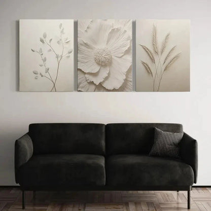 3pcs Elegant Floral and Leaf Designs in Beige Metal Print Ready to Hang Art - Bella Home Decor