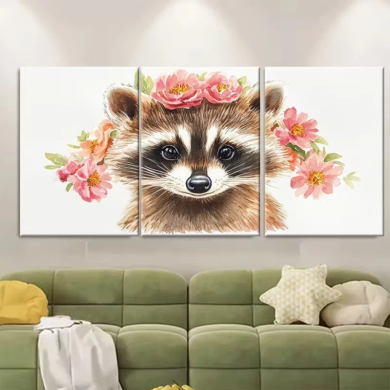 3pcs Adorable Raccoon Watercolor Metal Print Ready to Hang Art - Bella Home Decor