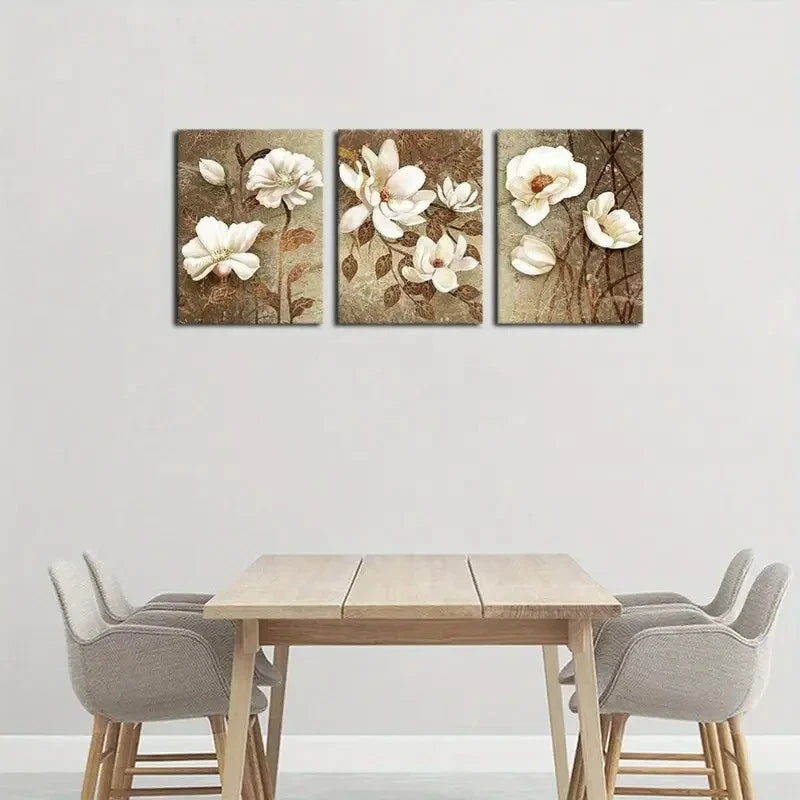 3pcs Vintage Floral White Blossom & Green Leaves Metal Print Ready to Hang Art - Bella Home Decor