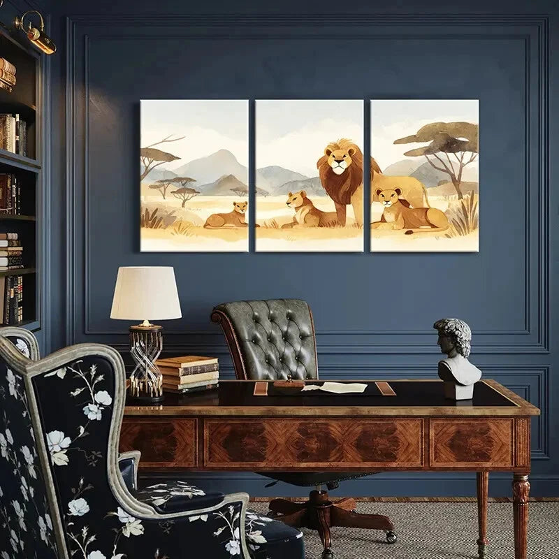 3pcs African Safari Lion Family Art Print Wildlife Metal Print Ready to Hang Art - Bella Home Decor