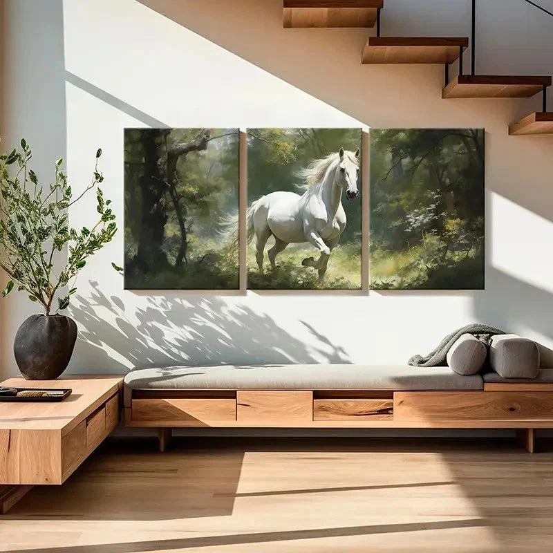 3pcs Showcasing a White Horse in The Forest Wall Art Set Canvas Framed 50x70cm - High Quality Print 100% Australian Made Wall Canvas Ready to Hang