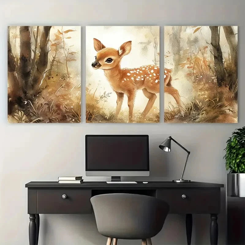 3pcs Youngsters Deer Enchanting Woodland Design Metal Print Ready to Hang Art