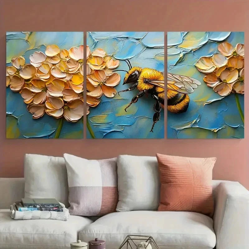3pcs Vibrant Bee & Clover Flowers Meadow Scene Metal Print Ready to Hang Art - Bella Home Decor
