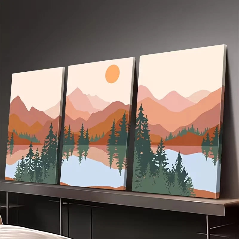3pcs Abstract Mountains, Lakes, and Trees Wall Art Set Canvas Framed 50x70cm – High Quality Print, 100% Australian Made, Ready to Hang