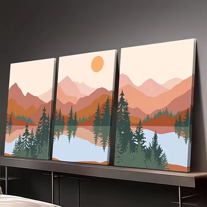 3pcs Abstract Mountains, Lakes, and Trees Wall Art Set Canvas Framed 50x70cm – High Quality Print, 100% Australian Made, Ready to Hang
