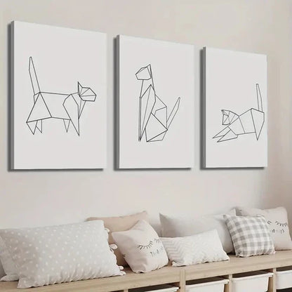 3pcs Modern Origami Cat Line Wall Art Set Canvas Unframed - High Quality Print 100% Australian Made Wall Canvas