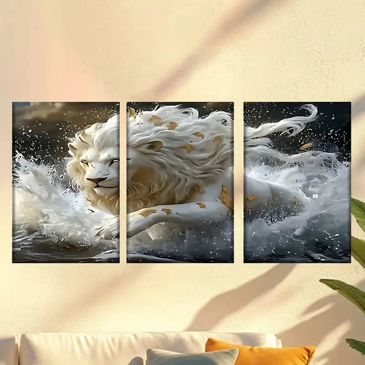 3pcs a white lion running through water Wall Art Set Canvas Framed 40x60cm - High Quality Print 100% Australian Made Wall Canvas Ready to Hang