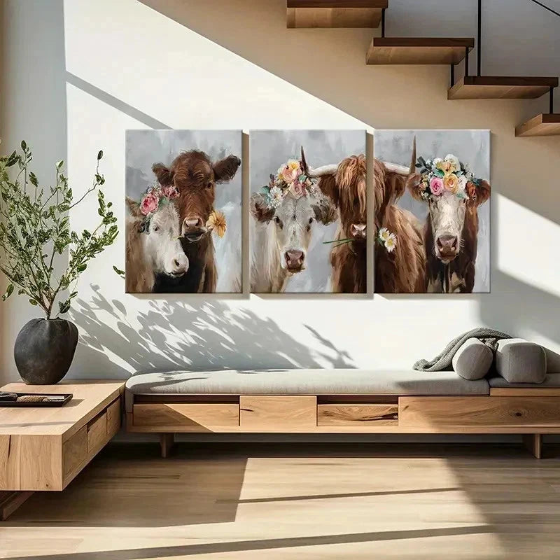 3pcs Highland Cattle with Flowers Vintage Wall Art Set Canvas Framed 50x70cm - High Quality Print 100% Australian Made Wall Canvas Ready to Hang