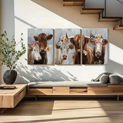 3pcs Highland Cattle with Flowers Vintage Wall Art Set Canvas Framed 50x70cm - High Quality Print 100% Australian Made Wall Canvas Ready to Hang