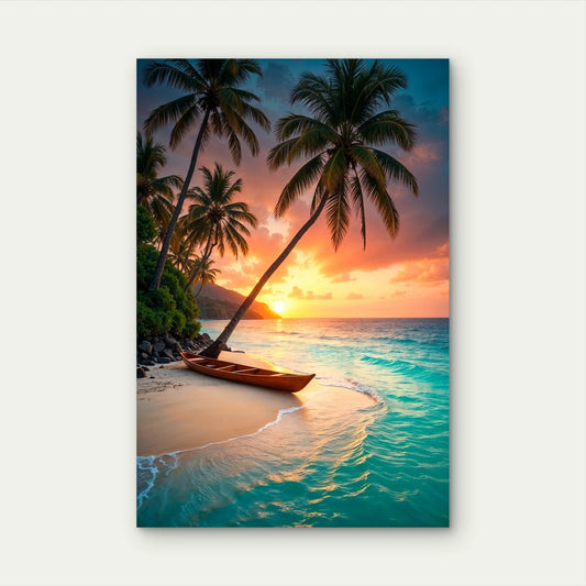 Tropical Beach Wooden Canoe Palm Trees Sunset 40x60cm Metal Print Ready to Hang