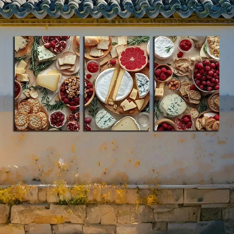 3pcs Gourmet Food and Cheese Platter Design Metal Print Ready to Hang Art - Bella Home Decor