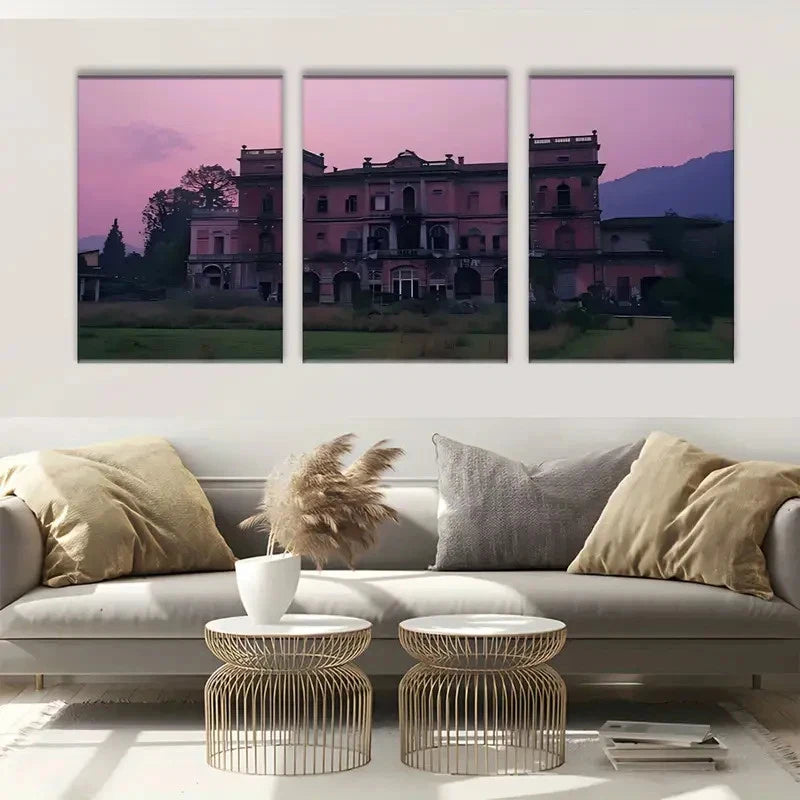 3pcs Charming Rustic Sunset Featuring a Castle Metal Print Ready to Hang Art - Bella Home Decor