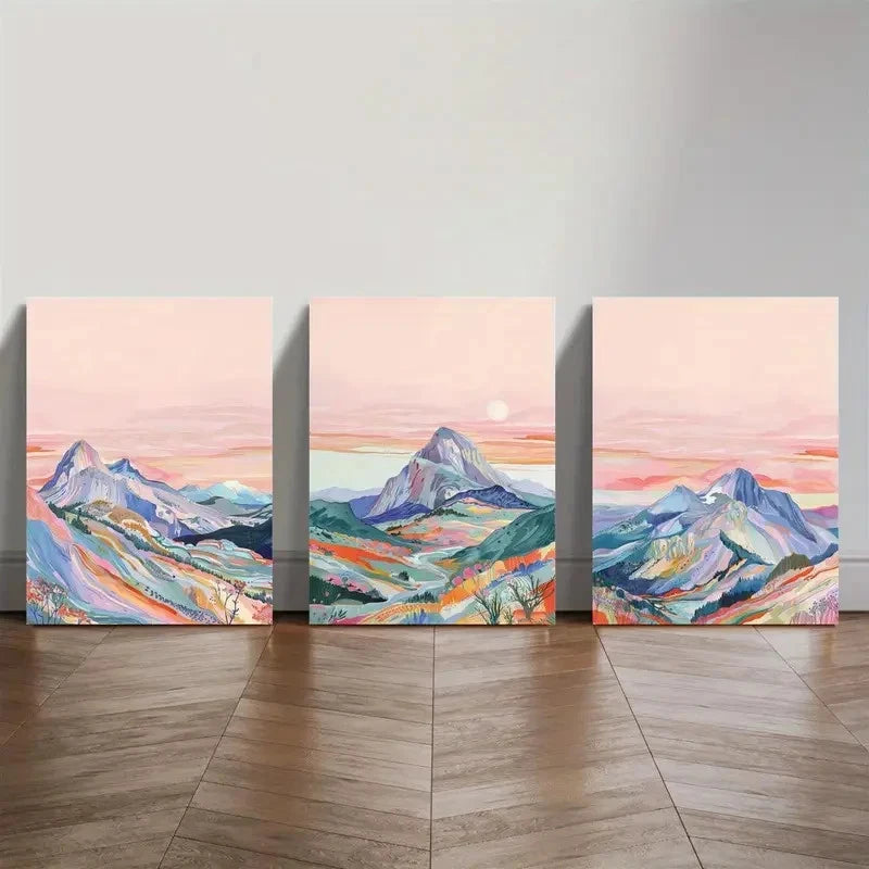 3pcs Showcasing Watercolor Mountain Views Metal Print Ready to Hang Art