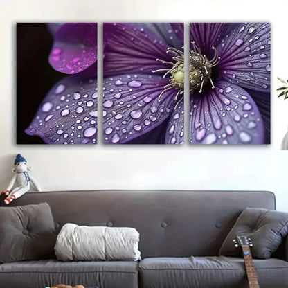 3pcs Purple Floral Drops Botanical Art Wall Art Set Canvas Framed 50x70cm - High Quality Print 100% Australian Made Wall Canvas Ready to Hang