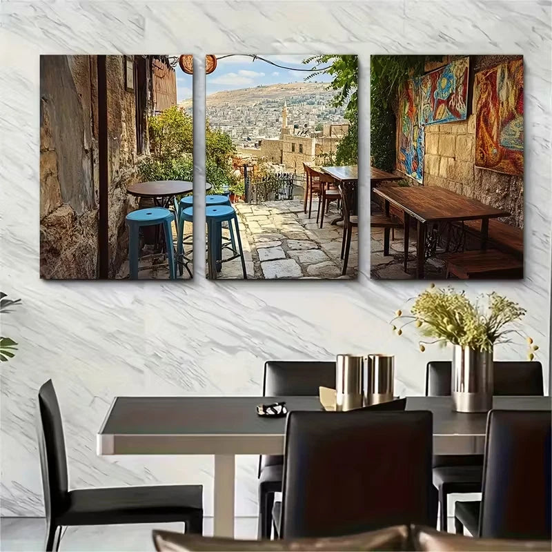3pcs Cultural Coffee Scene in Irbid Metal Print Ready to Hang Art - Bella Home Decor
