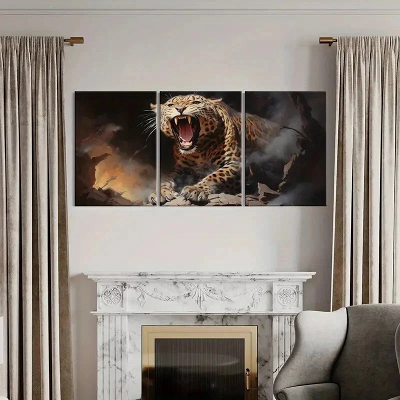 3pcs Raging Leopard Fiery Animal Art Metal Print Ready to Hang Art - Bella Home Decor