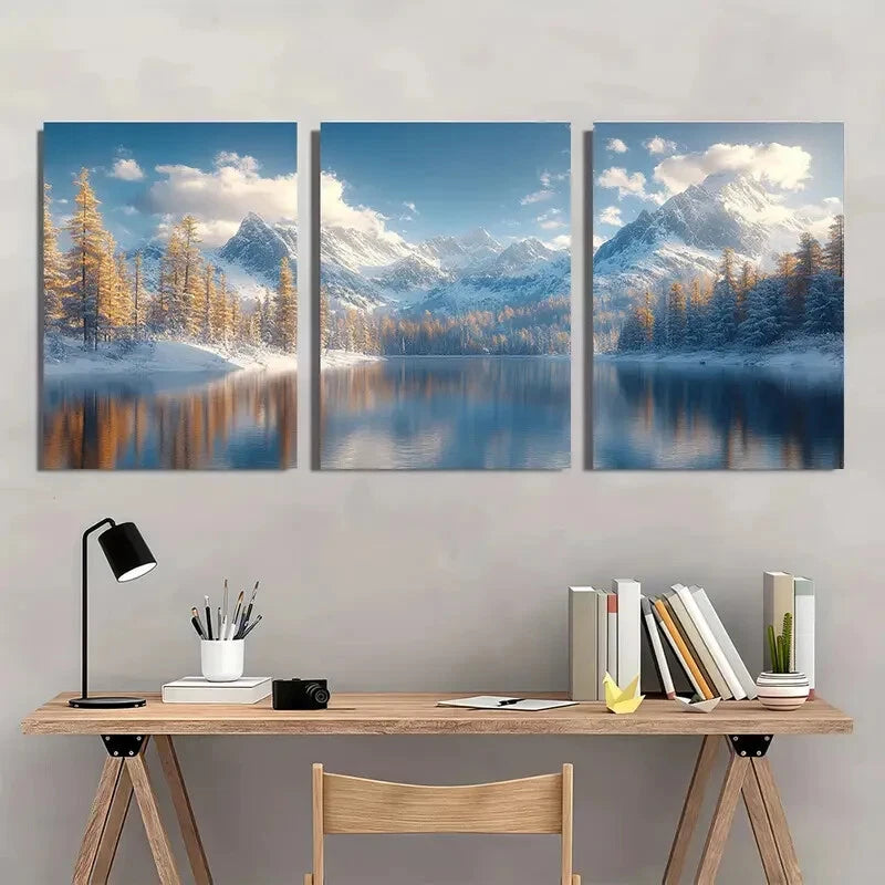 3pcs Minimalist Golden & Blue Flower Design Metal Print Ready to Hang Art