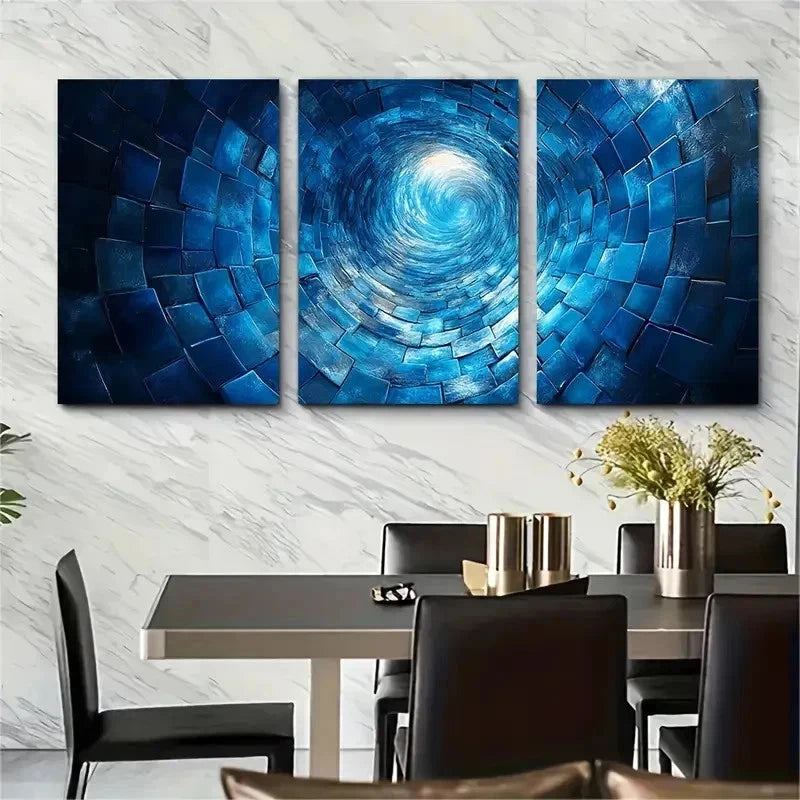 3pcs Mesmerizing Blue Swirling Squares Perfect Wall Art Set Canvas Framed 50x70cm - High Quality Print 100% Australian Made Wall Canvas Ready to Hang