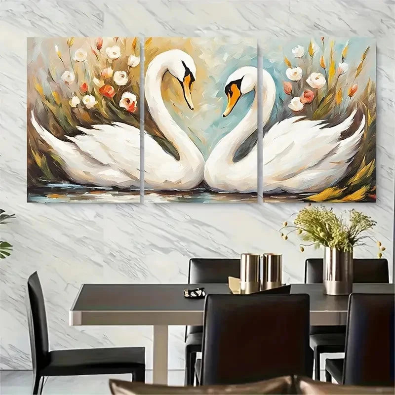 3pcs Two Swans In A LakeFloral Spring Metal Print Ready to Hang Art