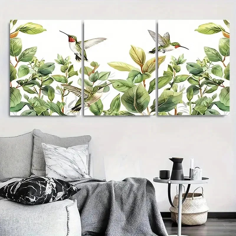 3pcs Green Leaves & Colorful Hummingbirds Wall Art Set Canvas Framed 60x90cm - High Quality Print 100% Australian Made Wall Canvas Ready to Hang