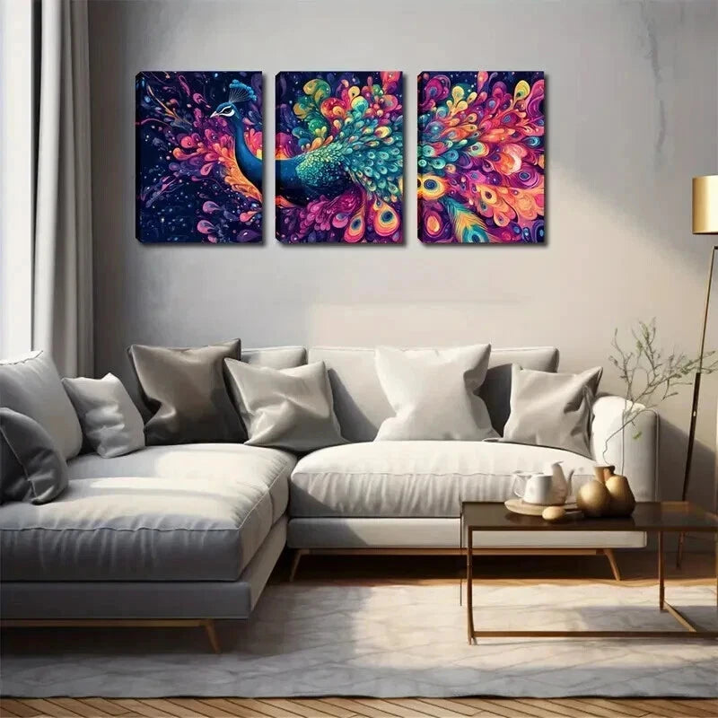 3pcs Vibrant Peacock Feathers In Blue Perfect Wall Art Set Canvas Framed 60x90cm - High Quality Print 100% Australian Made Wall Canvas Ready to Hang - Bella Home Decor