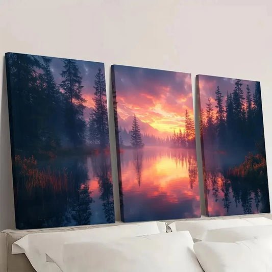 3pcs Peaceful Pine Forest Lake Reflections LR Wall Art Set Canvas Framed 60x90cm - High Quality Print 100% Australian Made Wall Canvas Ready to Hang
