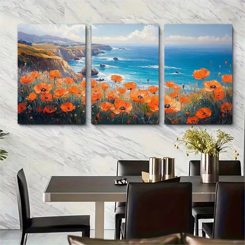 3pcs California Coast Poppies Oil Painting Metal Print Ready to Hang Art - Bella Home Decor