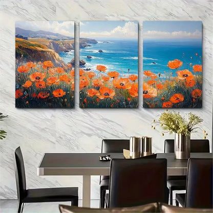 3pcs California Coast Poppies Oil Painting Metal Print Ready to Hang Art - Bella Home Decor