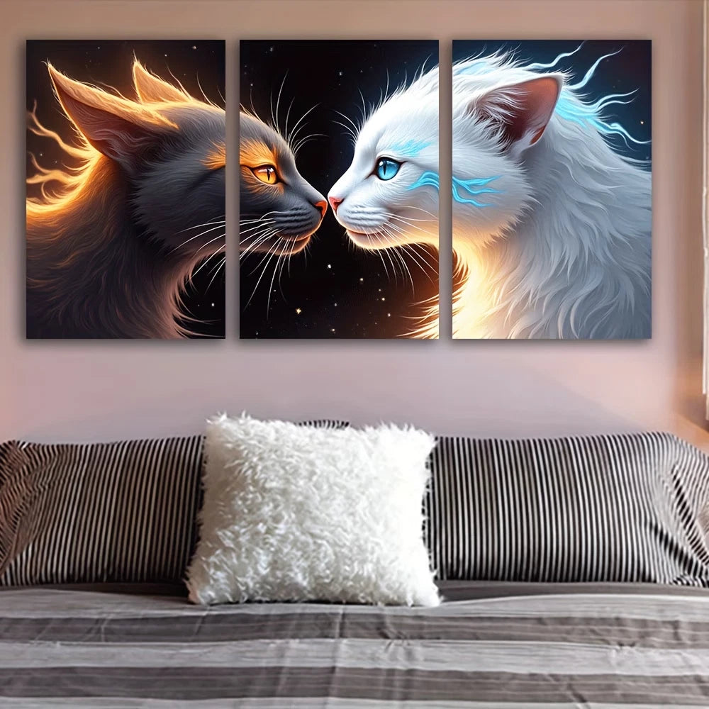 3pcs Vibrant Orange Blue White Black Cats Wall Art Set Canvas Framed 40x60cm - High Quality Print 100% Australian Made Wall Canvas Ready to Hang