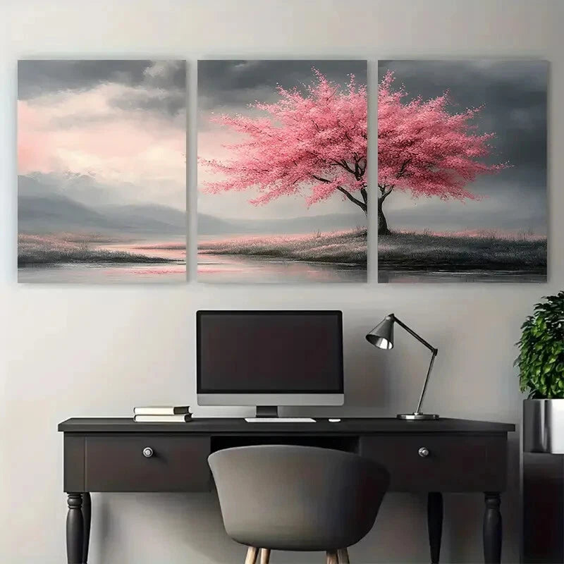 3pcs Serene Pink Blossom Tree Greyscale Design Metal Print Ready to Hang Art - Bella Home Decor
