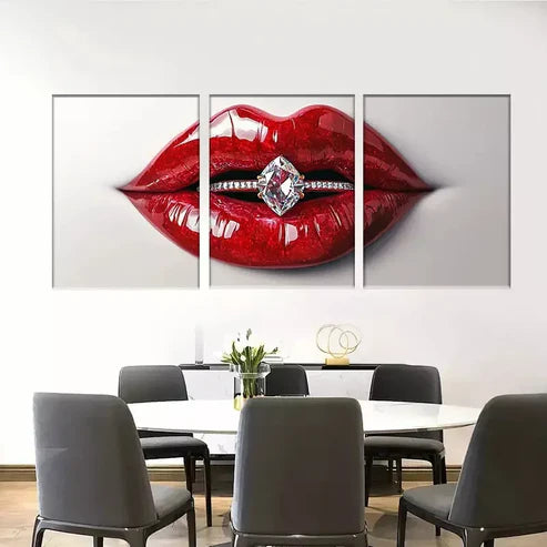 3pcs Glamorous Modern Red Lips with Diamond Rings Wall Art Canvas Unframed - High Quality Print 100% Australian Made Wall Canvas - Bella Home Decor