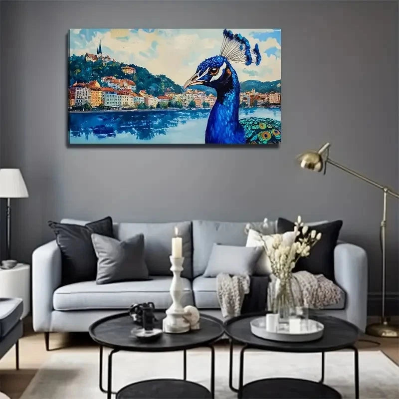 Peacock And City Suitable Wall Art Canvas Office Home Room Framed 120x60cm