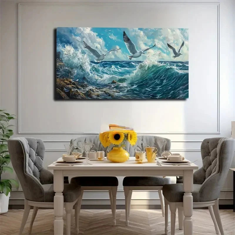 Seagulls Soaring Over Ocean Wall Art canvas office home room framed 120x60cm - Bella Home Decor