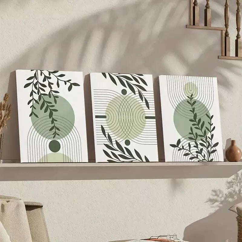 3pcs Abstract Geometric Prints in Green & Grey Canvas Framed 40x60cm - High Quality Print 100% Australian Made Wall Canvas Ready to Hang - Bella Home Decor