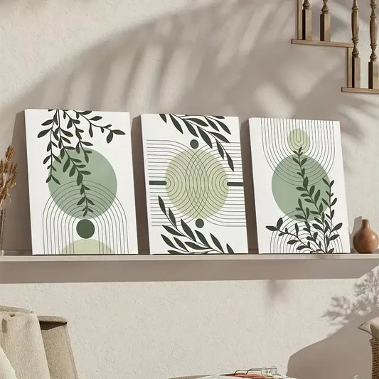 3pcs Abstract Geometric Prints in Green & Grey Canvas Framed 40x60cm - High Quality Print 100% Australian Made Wall Canvas Ready to Hang - Bella Home Decor