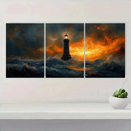 3pcs Lighthouse by the Sea  Coastal Contemporary Metal Print Ready to Hang Art
