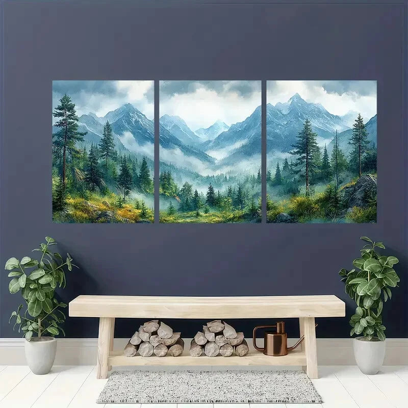 3pcs Misty Pine Trees & Snow-Capped Peaks Metal Print Ready to Hang Art - Bella Home Decor