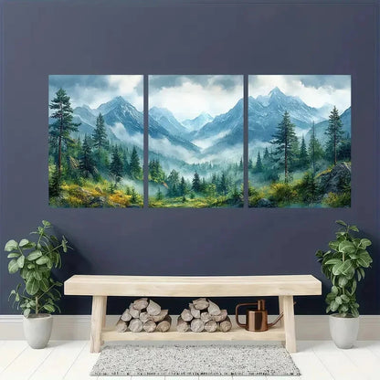 3pcs Misty Pine Trees & Snow-Capped Peaks Metal Print Ready to Hang Art - Bella Home Decor