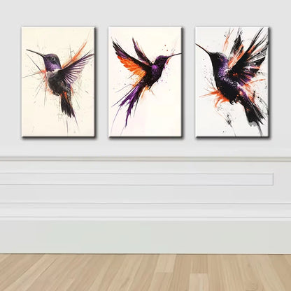 3pcs Purple and Black Hummingbird Bird Paintings Wall Art Set Canvas Framed 50x70cm - High Quality Print 100% Australian Made Wall Canvas Ready to Hang