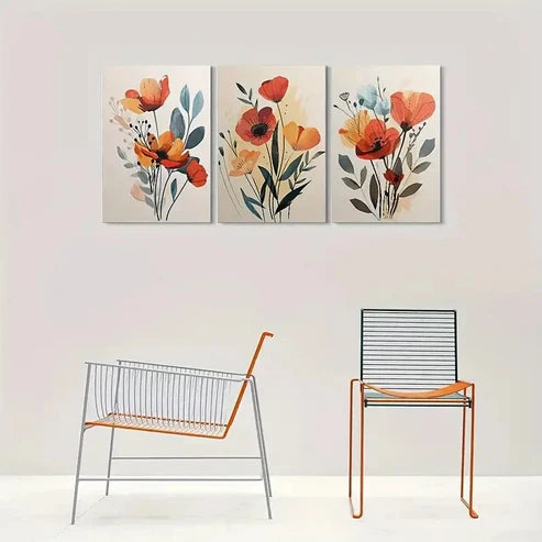 3pcs Orange Red Yellow Flowers with Green Leaves Wall Art Canvas Unframed - High Quality Print 100% Australian Made Wall Canvas