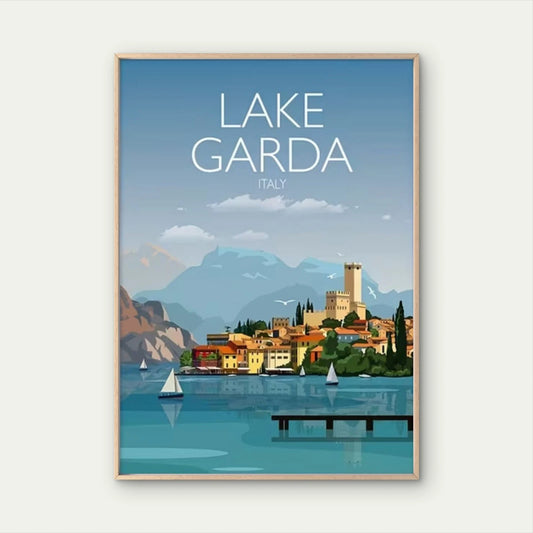 Lake Garda Italy Scenic Mountain & Town View Travel Poster Print Wall Art