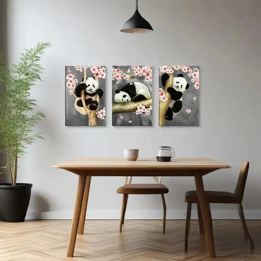 3pcs Panda Bear Painting Cute Panda Metal Print Ready to Hang Art
