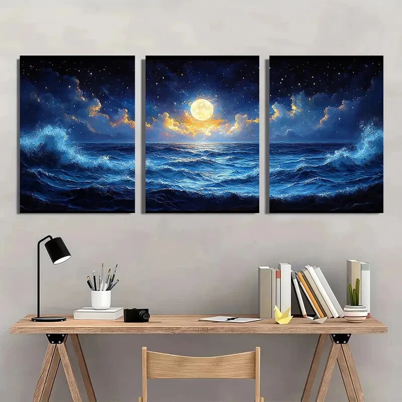 3pcs Deep Blue Sea Waves with Full Moon & Stars Metal Print Ready to Hang Art - Bella Home Decor