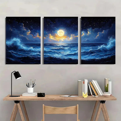 3pcs Deep Blue Sea Waves with Full Moon & Stars Metal Print Ready to Hang Art - Bella Home Decor