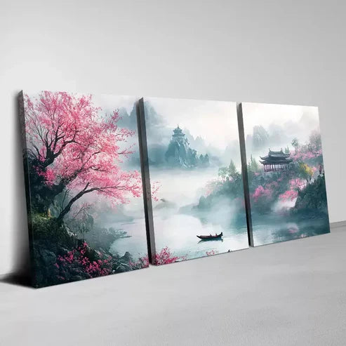3pcs Modern Landscape Mountains and Pink Floral Wall Art Canvas Unframed - High Quality Print 100% Australian Made Wall Canvas